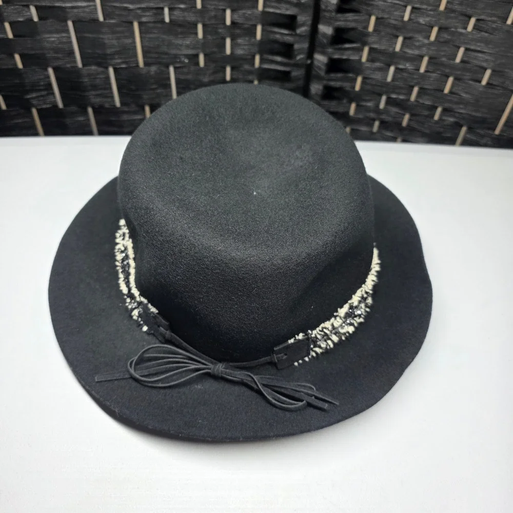 Nine West Black 100% Wool Fedora Hat Tweed Band Bow Accent One Size Wide Brim